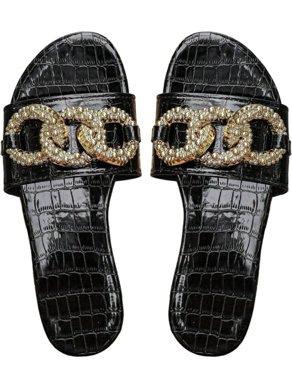 🆕Women's Black Gold Chain Crocodile Embossed Sandals Dressy Metallic Flat